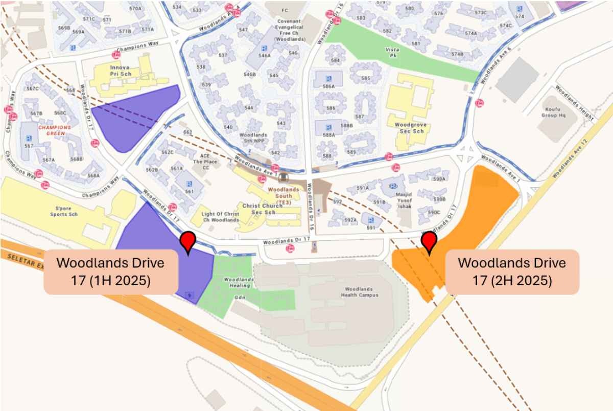 Location plan: Wynwood Grand EC at Woodlands Drive 17, beside Woodlands South MRT (TE3), the Singapore Sports School, Woodgrove schools, Woodlands Healing Garden and Woodlands Health Campus